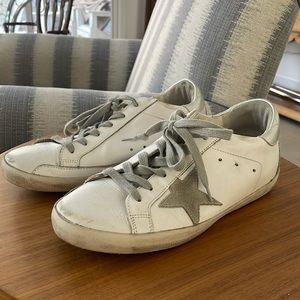 Golden Goose Super Star with metal stud lettering and silver heel